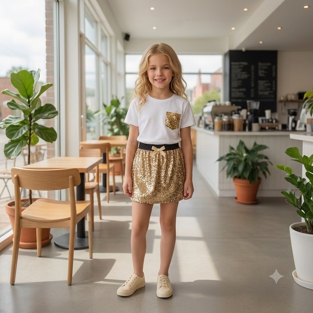Angels Face Set Girls Mini Skirt Tshirt White Golden Shiny Sequins Sz 5y-6y NWT